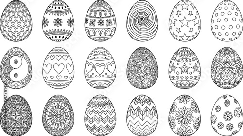Large set of eighteen ornate Easter egg coloring patterns in black-and-white vector line art style,