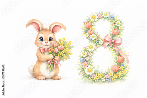 Cute Bunny With Floral Number Eight