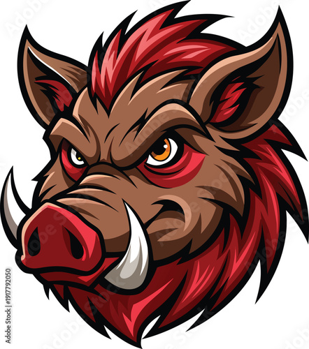Aggressive red wild boar mascot head roaring fierce vector illustration