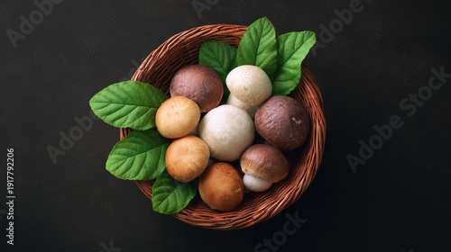 Assorted Fresh Mushrooms in a Rustic Basket Surrounded by Green Leaves on Dark Background for Culinary and Natural Themes
