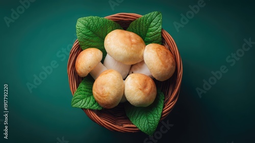 Freshly harvested mushrooms arranged in a woven basket with green leaves on a dark background, showcasing natural colors and textures for culinary use