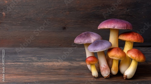 Colorful mushrooms in vibrant shades of purple, orange, and yellow arranged on a rustic wooden surface, perfect for nature-themed compositions and designs.