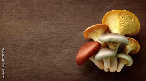 Vibrant and Colorful Mushrooms on Brown Wooden Surface Displayed in Artistic Arrangement for Culinary and Nature Themes