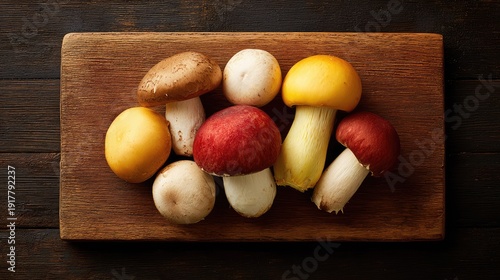 Vibrant Assortment of Fresh Mushrooms on a Wooden Cutting Board for Culinary Inspiration and Cooking Preparation