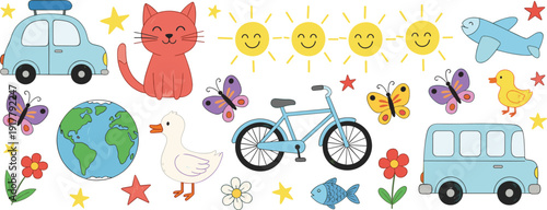 Large set of hand-drawn childhood travel doodles with car, bus, cat, and suns in flat vector style,