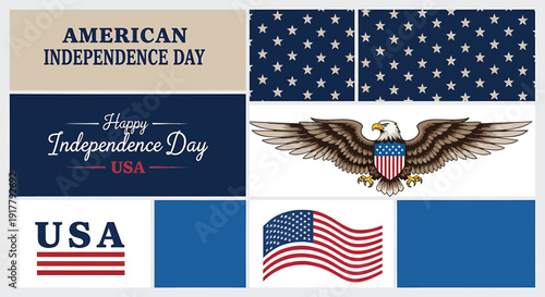 American Independence Day icon collection. Includes patriotic symbols, USA flags, eagle, and Independence Day labels. Created in flat style with red, white, and blue palette.