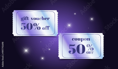 Two holographic discount coupons on purple background with shiny stars. Special offer gift vouchers, discount cards. Vector illustration