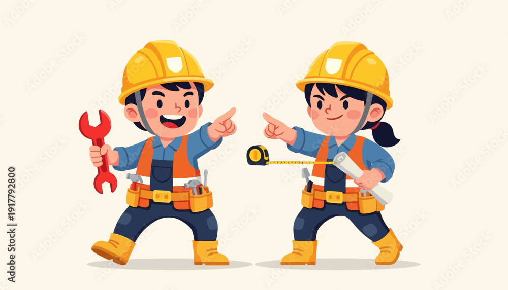 Fototapeta premium Cartoon Construction Workers Boy and Girl Builders with Tools.