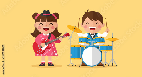 Cartoon Children Playing Music Girl with Guitar Boy with Drums.