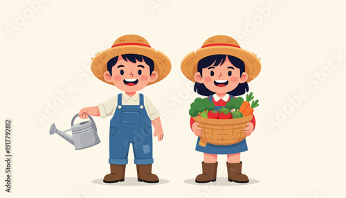Cartoon Farmers Boy with Watering Can and Girl with Harvest Basket.