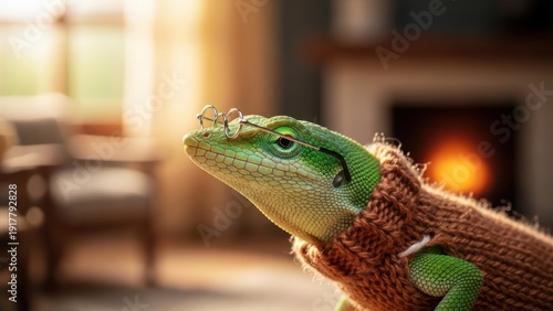 Green Anole Lizard Wearing a Knitted Sweater Near a Fireplace.