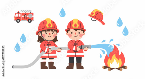 Cartoon Firefighters Extinguishing Fire with Hose and Water.