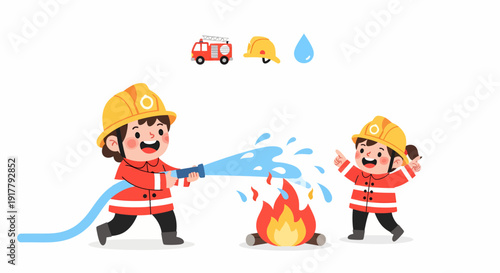 Cartoon Firefighters Extinguishing Flames with Water Hose.