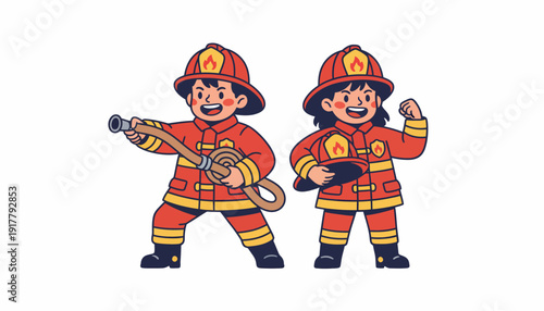 Cartoon Firefighters Brave Children in Uniforms Ready for Action.