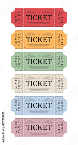 Collection of ticket templates in retro design isolated on white background. Retro ticket coupons in different colors. Vector illustration