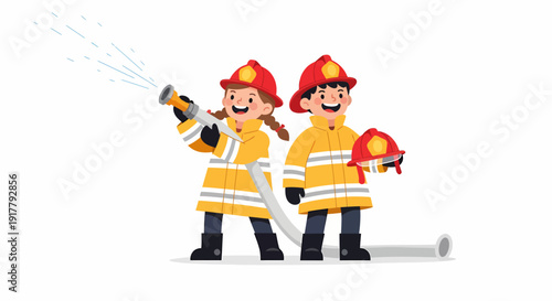 Cartoon Firefighters in Action A Boy and Girl Teamwork Illustration.