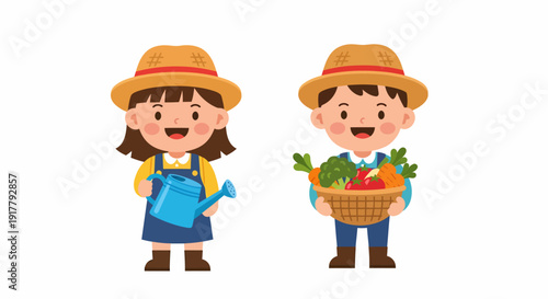 Cartoon Farmers Girl with Watering Can Boy with Harvest Basket.