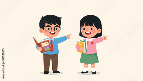 Cartoon illustration of two cheerful students with books.