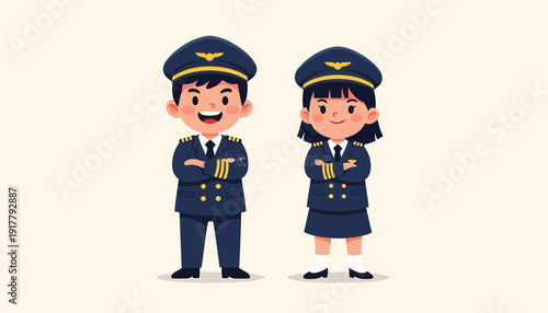 Cartoon Pilot and Pilotess Standing with Arms Crossed in Uniform.