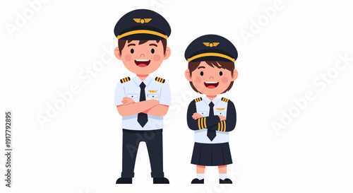 Cartoon Pilots Boy and Girl in Uniforms Ready for Flight.