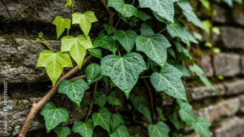 Green ivy plant growing on a textured stone wall in natural light.