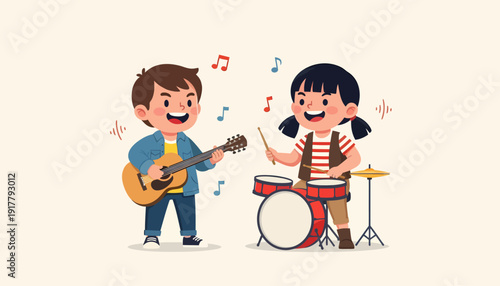 Childrens Musical Duo Boy Playing Guitar Girl on Drums.