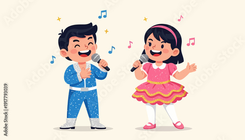 Joyful Children Singing Together in a Vibrant Cartoon Illustration.