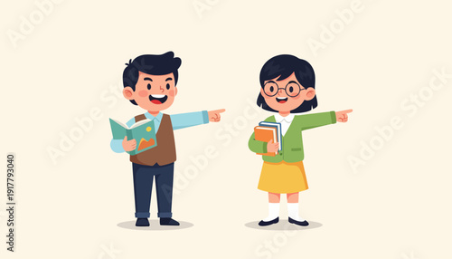 Illustration of two students pointing one boy with a book one girl with glasses.