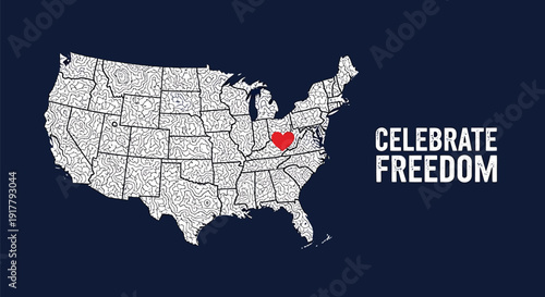 American freedom celebration vector graphic, United States map with highlighted state and 'Celebrate Freedom' text on dark background.