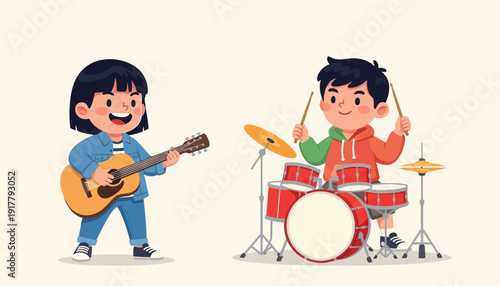 Kids Musical Duo Guitarist and Drummer in Harmony.