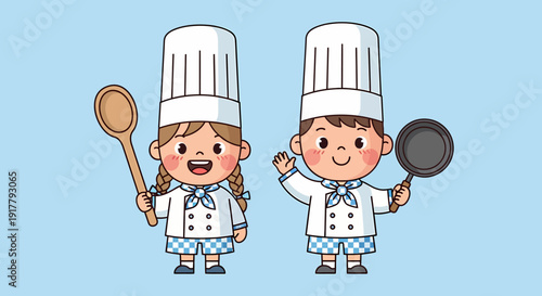 Two Adorable Cartoon Children Dressed as Chefs Ready to Cook.