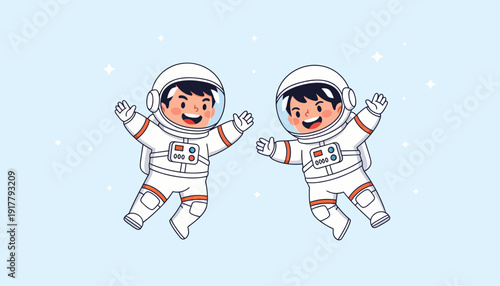 Two Cheerful Astronauts Floating in Space Cartoon Style Illustration.