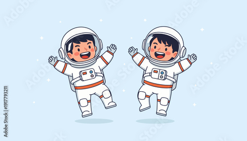 Two Cheerful Astronauts Floating in Space Cartoon Illustration.