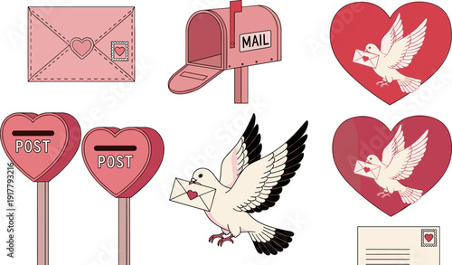 Romantic vector set with heart mailboxes, envelopes, and doves carrying love letters for Valentine's design,
