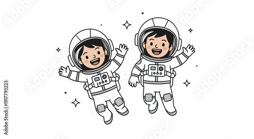 Two Cheerful Astronauts Floating in Space Ready for Adventure.
