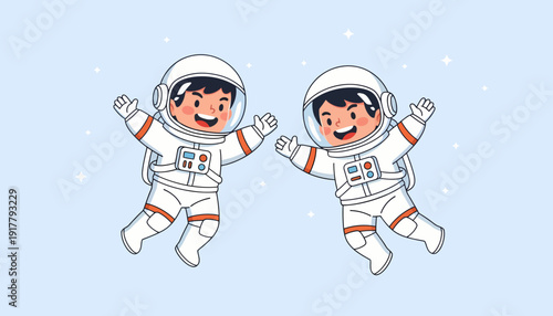 Two Cheerful Astronauts Floating in Space with Joyful Expressions.