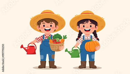 Two cheerful cartoon farmers with harvest and watering cans.