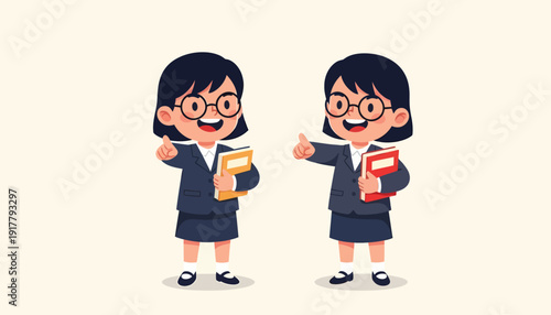 Two cheerful cartoon girls in school uniforms giving thumbs up with books.