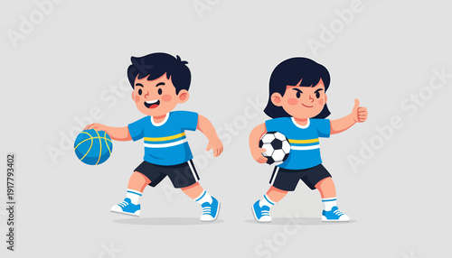 Two Children Playing Sports with a Basketball and Soccer Ball.