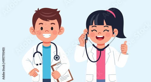 Two Smiling Children Dressed as Doctors with Medical Equipment 1.