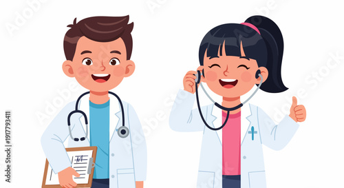 Two Smiling Children Dressed as Doctors with Stethoscopes and Clipboards.