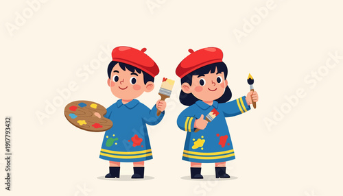 Two young artists with berets and paintbrushes ready to create.