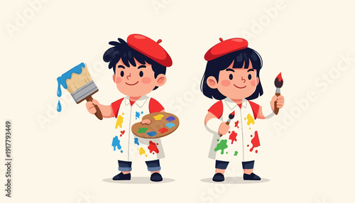 Two young artists with paintbrushes and berets ready to create.