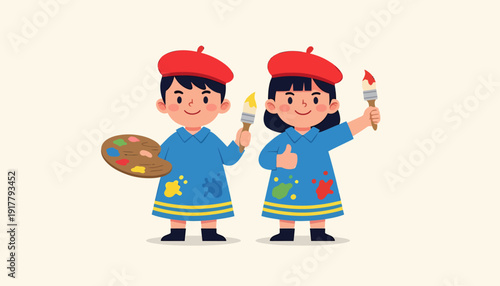 Two Young Artists with Red Berets Holding Paintbrushes and Palette.