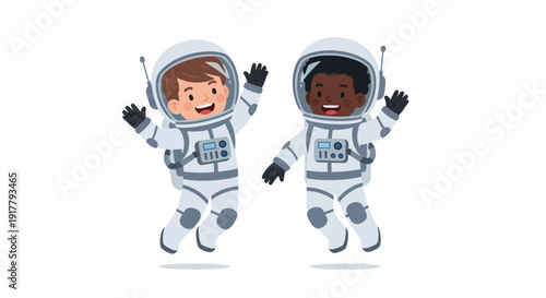 Two Young Astronauts Floating in Space Celebrating Exploration.