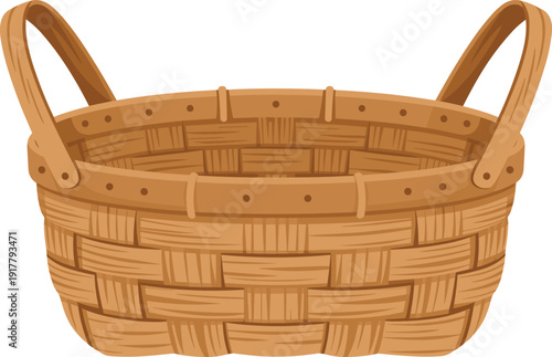 Handwoven wicker basket illustration, empty rustic storage container, farmhouse decor element, natural wooden weave texture, isolated white background design mockup