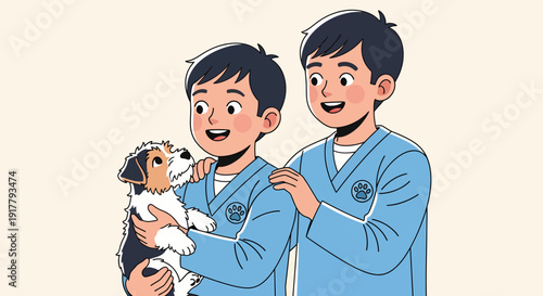 Two young boys with a beagle puppy cartoon illustration.