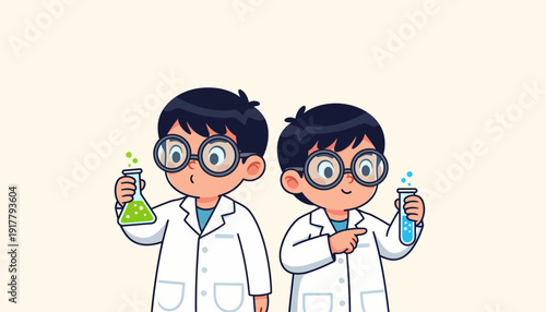 Two young scientists conducting experiments with beakers and test tubes.