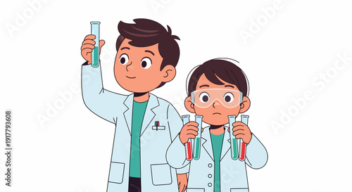 Two young scientists conducting experiments with test tubes in a lab.