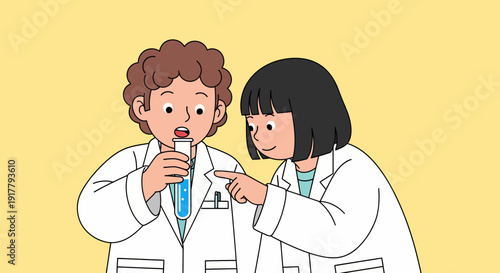 Two Young Scientists Examining a Test Tube in a Lab.
